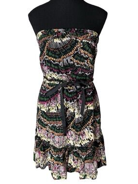 RIPE Strapless Mini Dress Ruffle Hem Ribbon Tie Black Multicolour Size 11